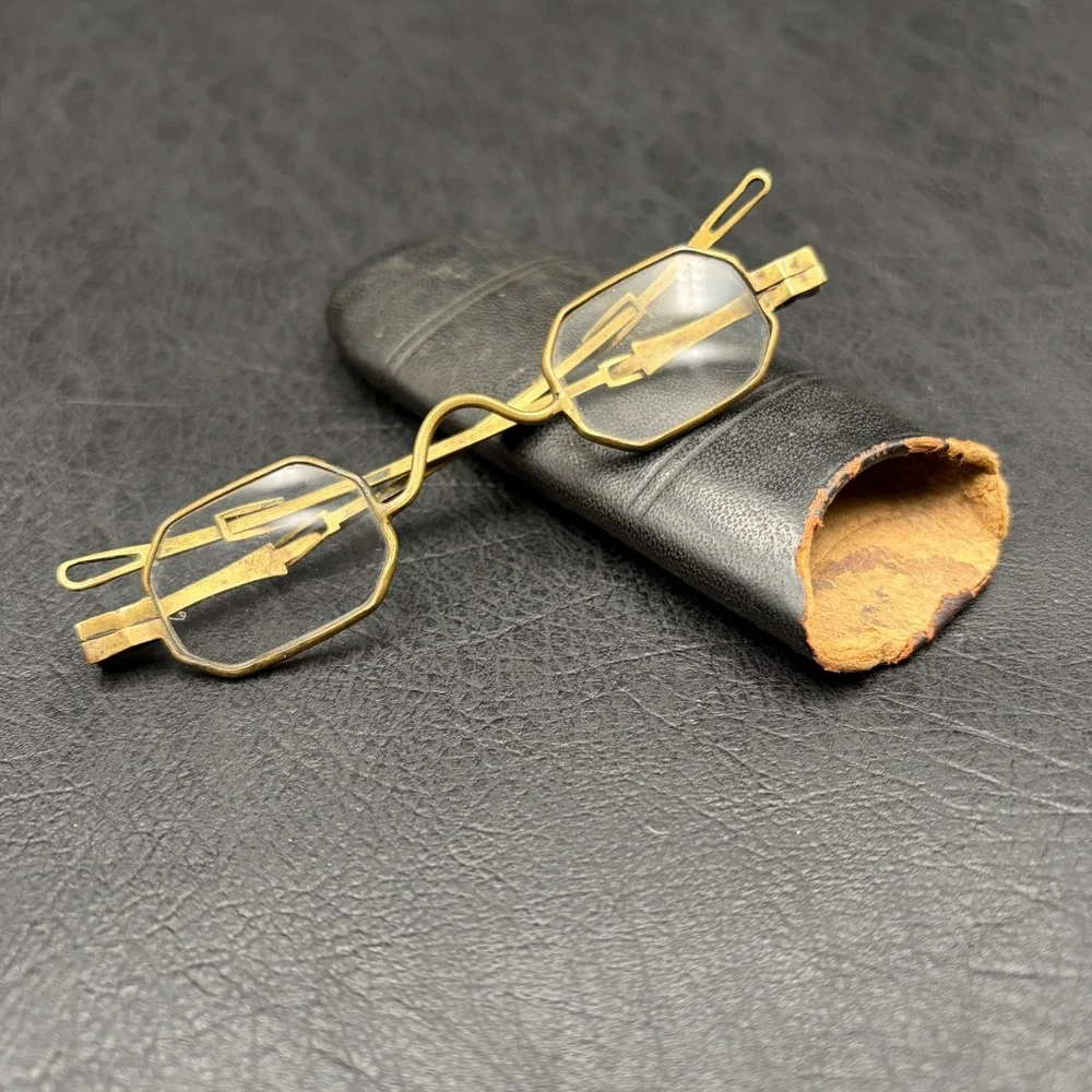 Antique Slider Spectacles Gold Tone Octagon Glasses with Leather Case Racine WI